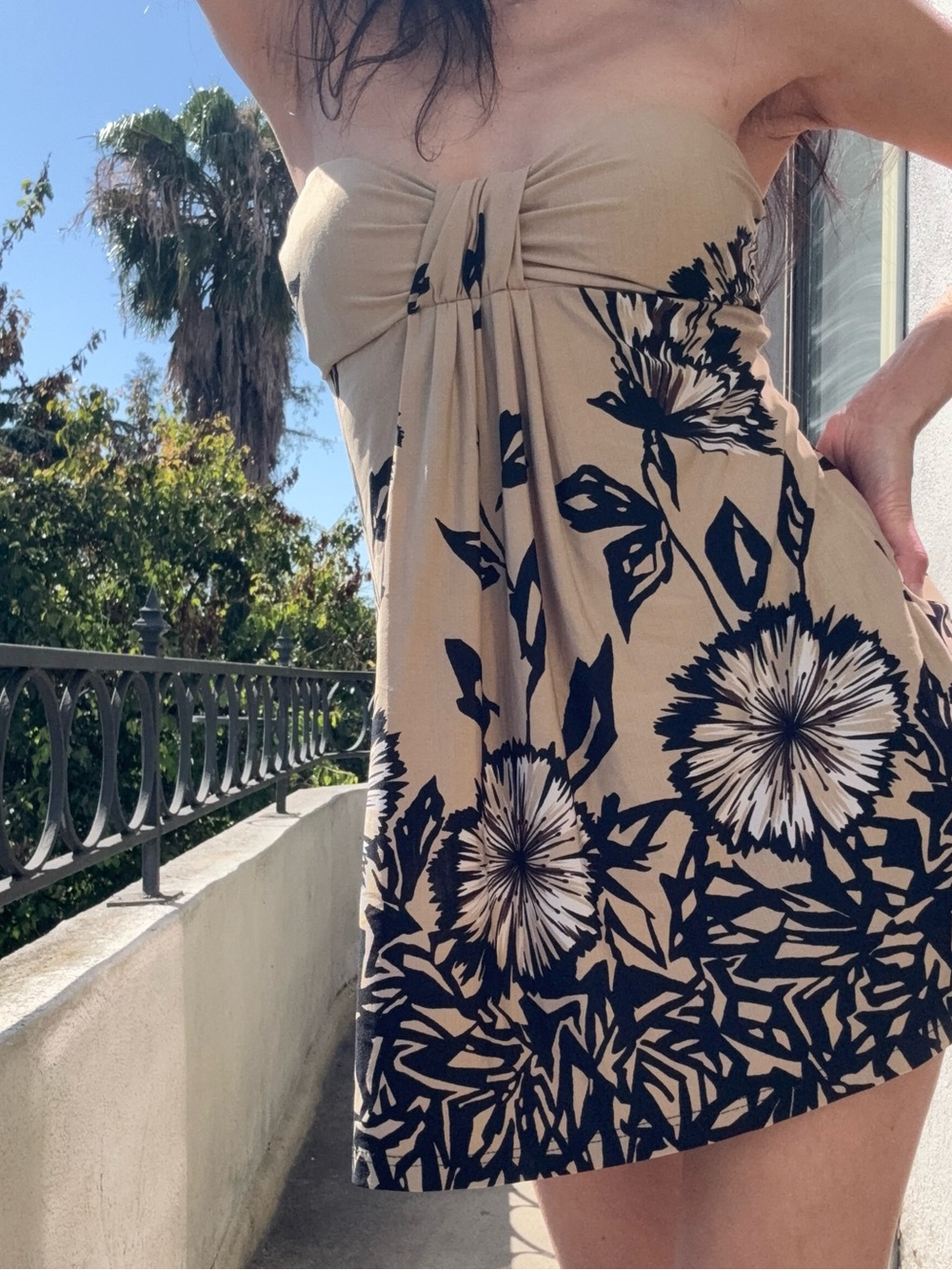 Strapless Floral Mini Sundress Built In Padded Bra Beige & Black Minimalist S